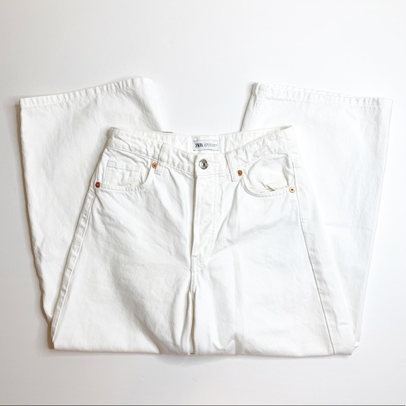 Zara Denim - Zara High Waist Wide Leg Crop Jeans White Size 6 Cotton Rigid Denim Cullotes